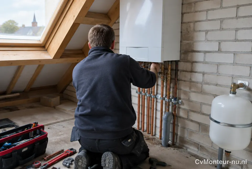 Installateur hangt een nieuwe cv-ketel op zolder