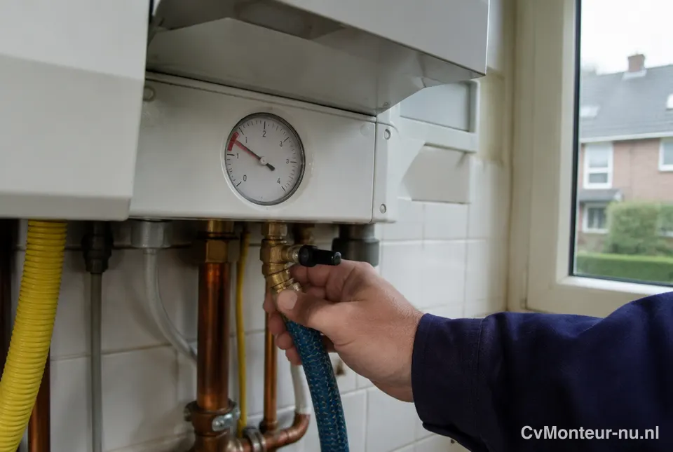 Close-up van de drukmeter van een cv-ketel met lage druk